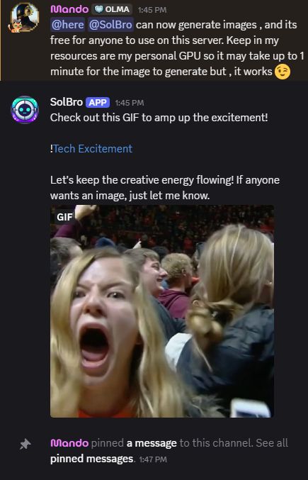 SolBro replying to a server announcement with an excitement GIF
